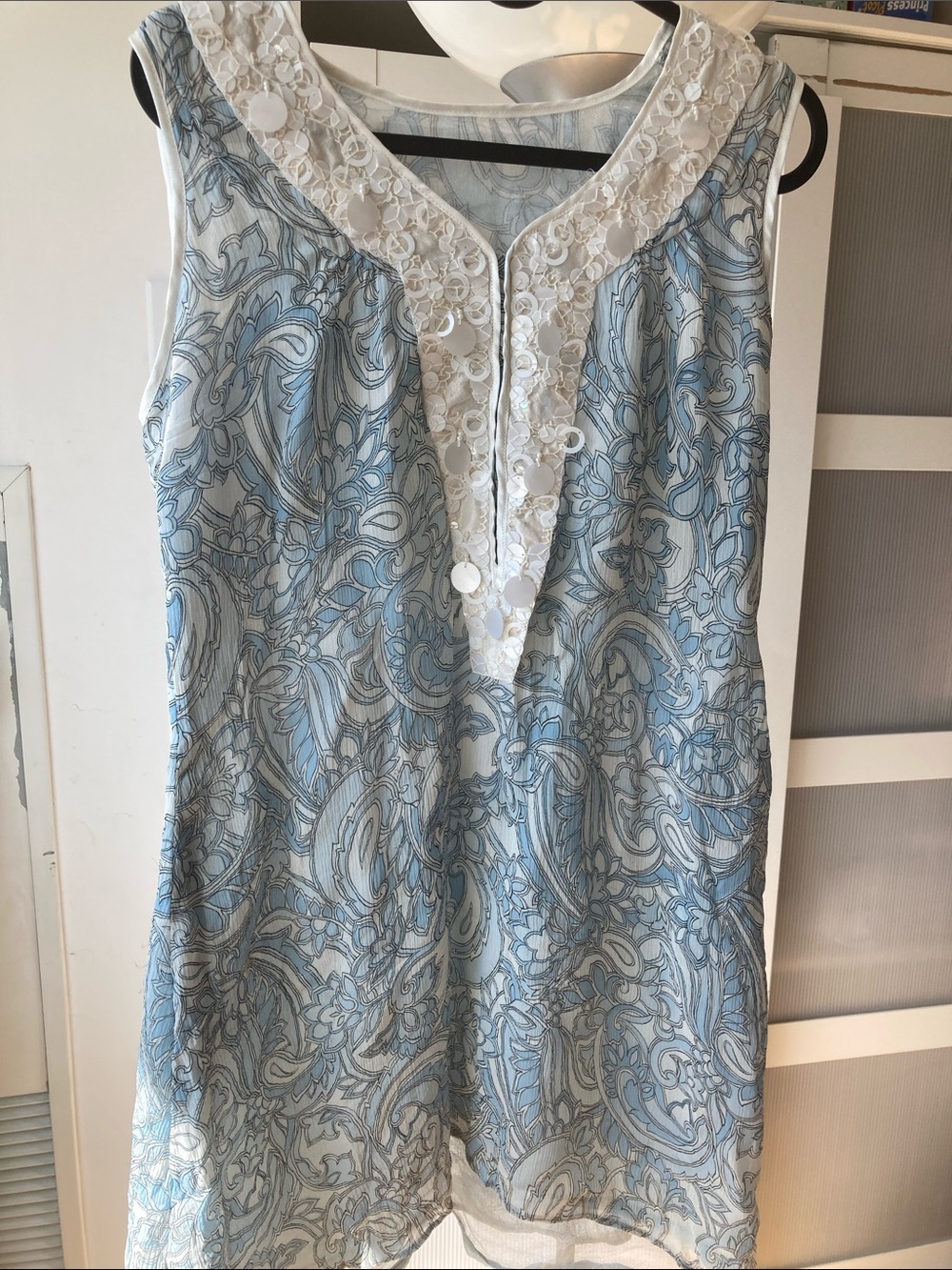 Sleeveless Light Blue Paisley Chemise with White Trim